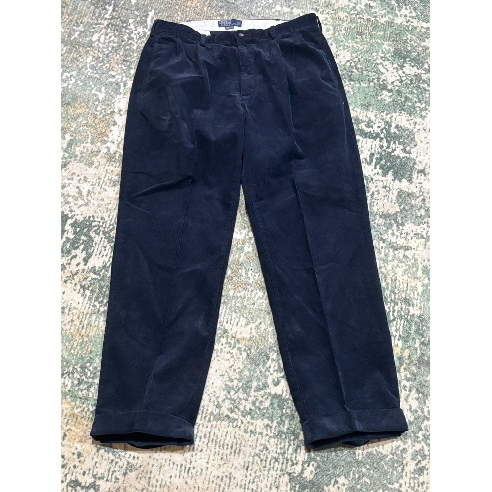 Mens Polo Ralph Lauren Corduroy Pants 38x32 Navy Blue Cotton Slack CuffedTrouser